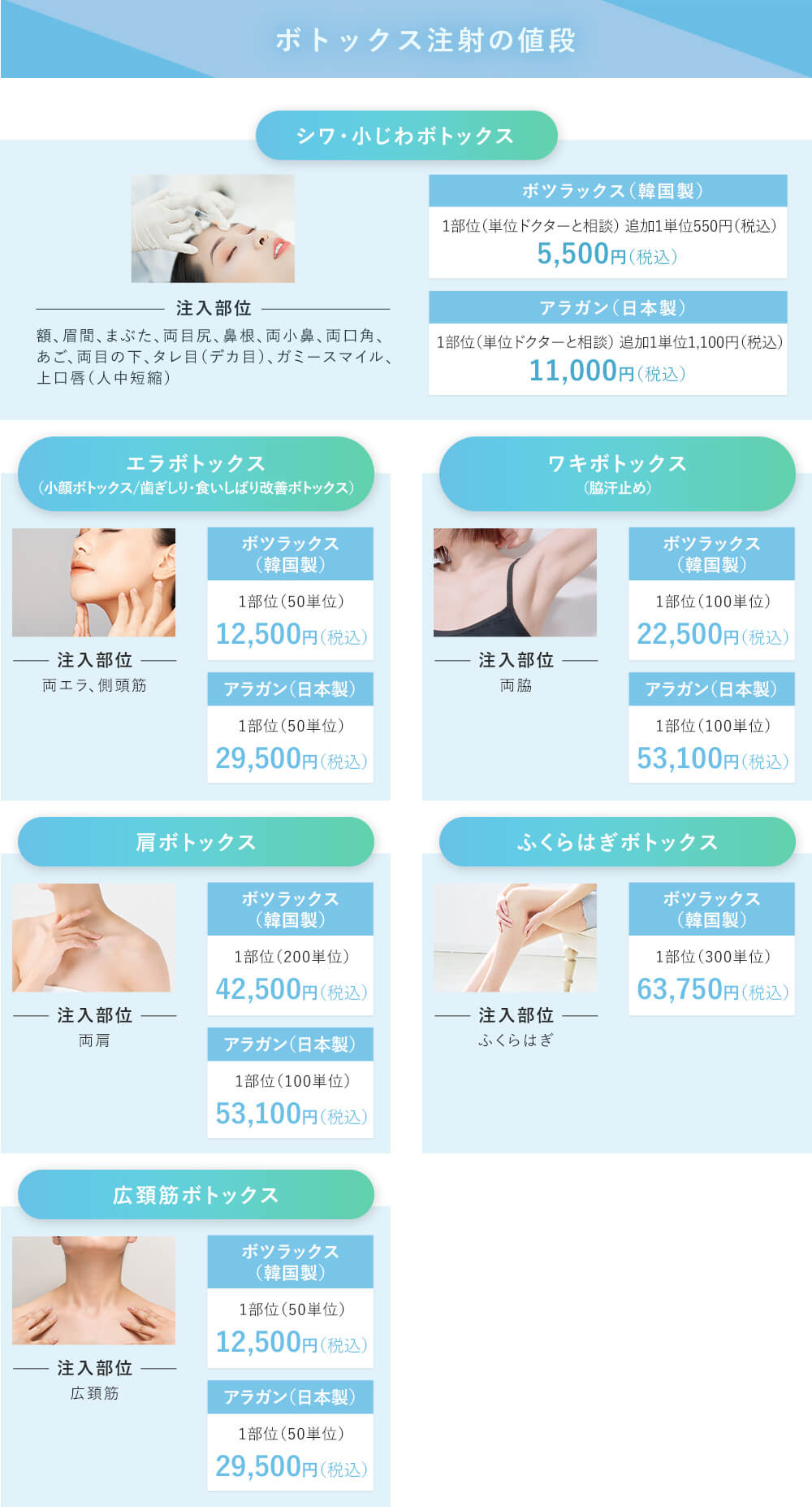 ボトックス注射の値段 シワ・小じわボトックス ボツリヌストキシン（韓国製）5,500円 ボトックス（アラガン）11,000円